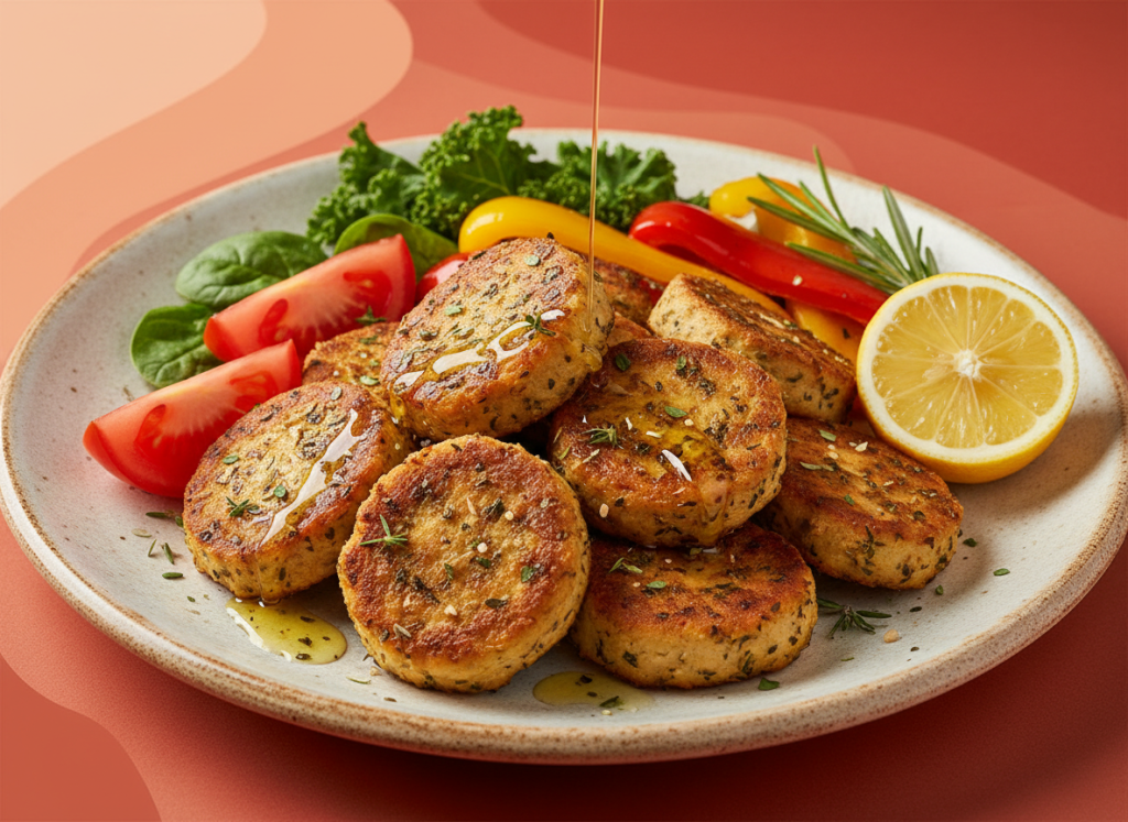 המחשה קולינרית של נתחי חלבון צמחי מתובלים לצד ירקות ים־תיכוניים