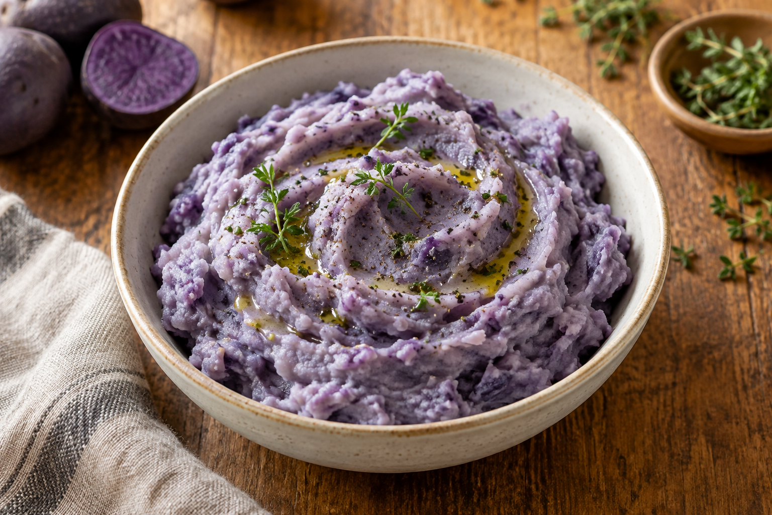 Vegan blue mash made with purple potatoes