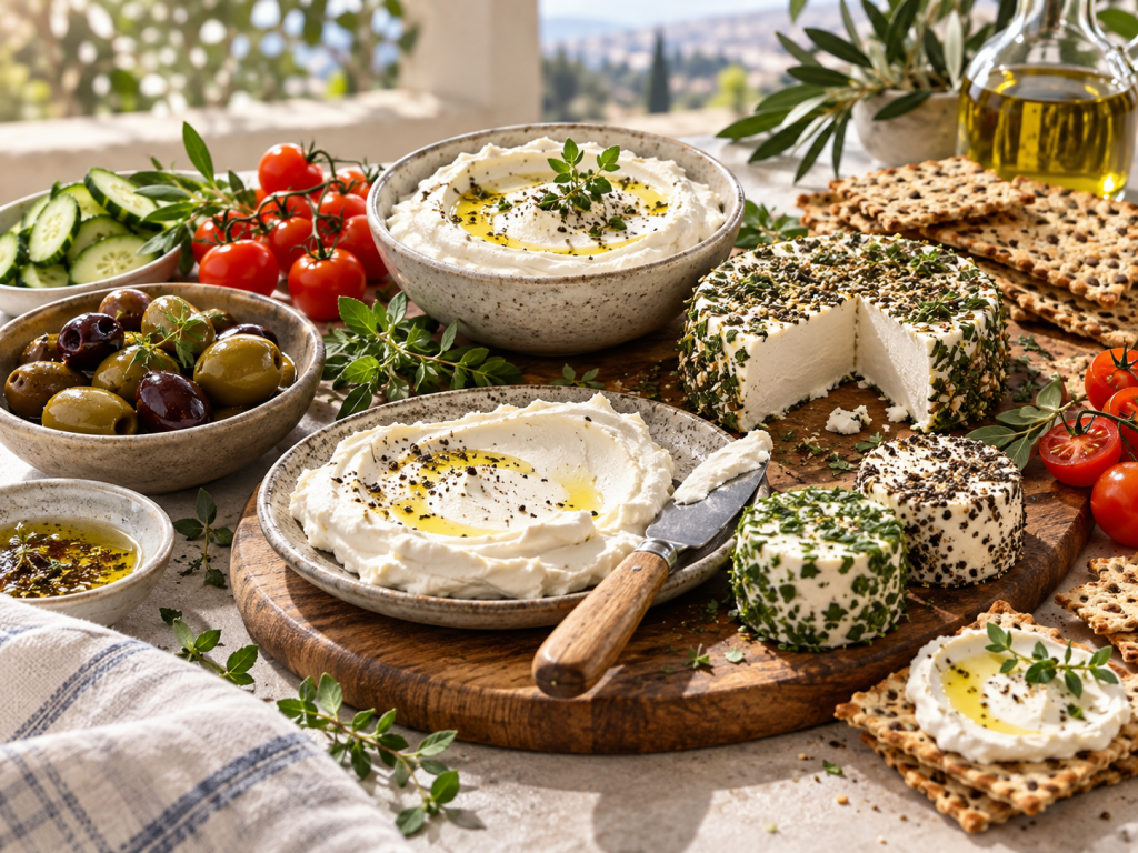 פלטת גבינות וממרחים בסגנון צמחי לצד עגבניות, זיתים וקרקרים, צילום AI להמחשה